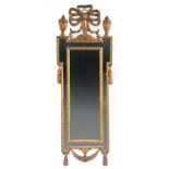 Louis XVI Giltwood Mirror, 18th c., bowknot crest flanked by urn finials, keyed lamb's tongue