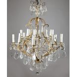 Louis XVI-Style Bronze and Cut Crystal Sixteen-Light Chandlier, 20th c., hung with pendalogue