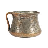 Antique Islamic Silvered Copper Vessel, waisted body, loop handle, incised foliate bands, h. 4 1/4
