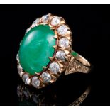 14 kt. Yellow Gold, Cabochon Emerald and Diamond Ring, set with oval cabochon emerald, approx. 7.8