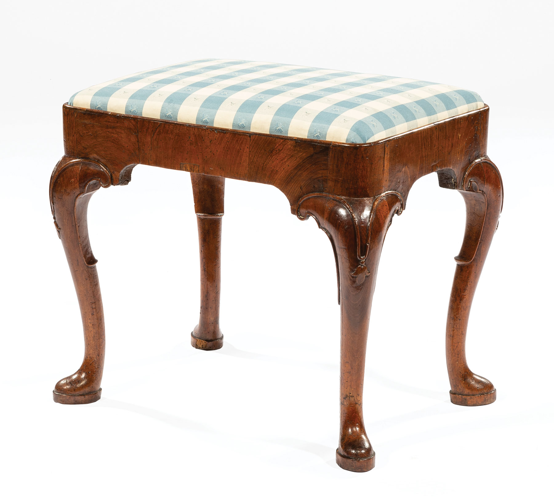 Queen Anne Walnut Stool, 18th c., inset upholstered seat, cabriole legs, pad feet, h. 19 in., w.