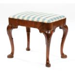 Queen Anne Walnut Stool, 18th c., inset upholstered seat, cabriole legs, pad feet, h. 19 in., w.