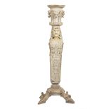 Venetian Baroque-Style Painted and Parcel Gilt Pedestal, molded circular top, foliate carved