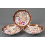 Good Matched Set of Three Chinese Export Mandarin Palette Porcelain Saucer Dishes, 18th c.,