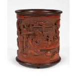 Chinese Bamboo Brush Pot, carved with a continuous landscape featuring figures at leisurely