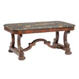 American Late Classical Carved Mahogany Center Table, early-to-mid 19th c., shaped Egyptian marble