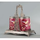 American Aesthetic Enameled Glass and Silverplate Biscuit Stand, 19th c., reticulated leaf design,
