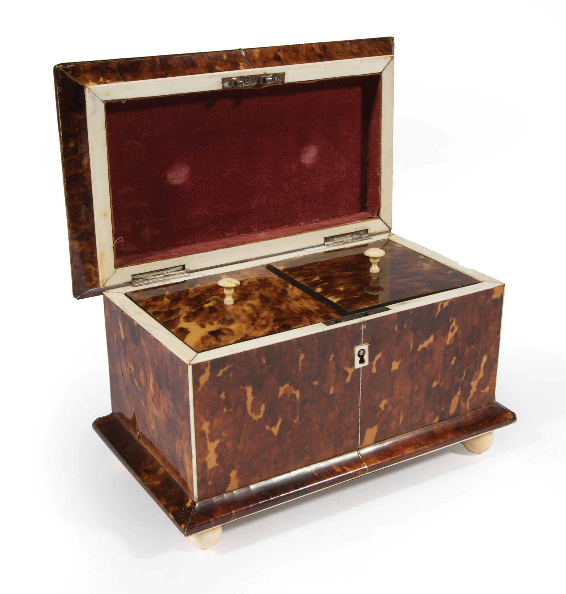 George III Tortoiseshell Sarcophagus Form Tea Caddy, interior with two lidded compartments, on - Image 2 of 2