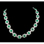 18 kt. White Gold, Emerald and Diamond Semi-Rigid Link Necklace, 24 prong set emerald standard