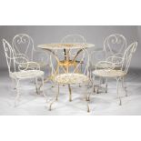 Vintage French Painted Wrought Iron Garden Suite, incl. six armchairs and table; chairs with
