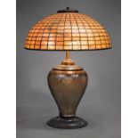 Tiffany Studios Table Lamp, c. 1900, geometric domed shade in butterscotch leaded-glass, marked "