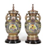 Pair of Asian Bronze and Cloisonne Enamel Lamps, raised phoenix and flower decoration on a wave