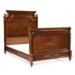 Empire-Style Bronze-Mounted Mahogany Bedstead, molded cornice, shaped inset panel, winged mounts,