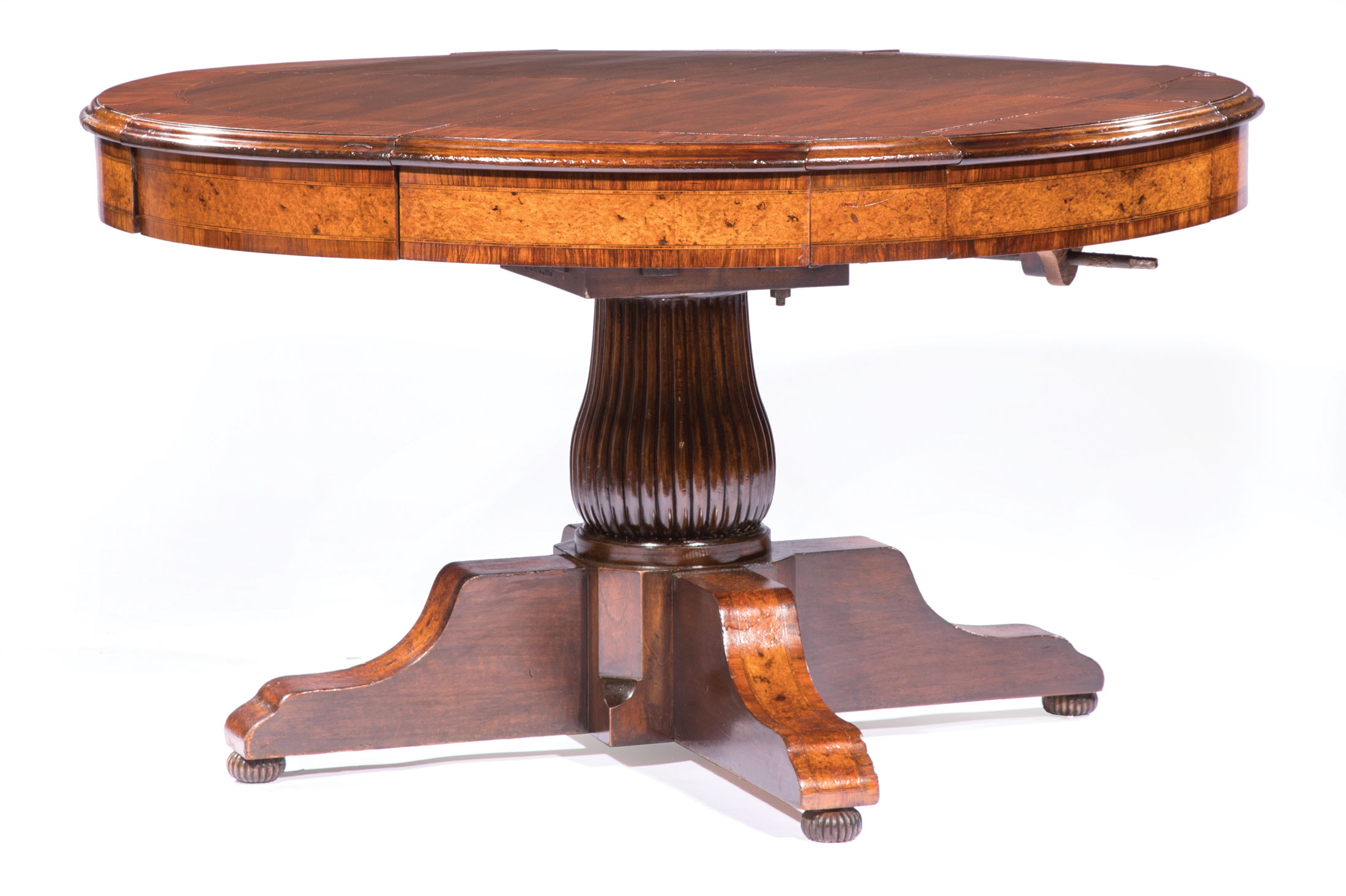 Robert Jupe-Style Exotic Woods Inlaid Mahogany Extension Dining Table, early 20th c., stamped "