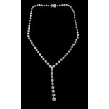 18 kt. White Gold and Diamond Lariat-Type Drop Necklace, bar spaced with 79 graduating prong set