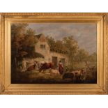 Manner of George Morland (British, 1763-1804), "Barnyard Scene", oil on canvas, unsigned, "