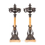 Pair of Restauration-Style Patinated Bronze and Marble Six-Light Candelabra, late 19th c., removable