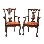 Eight Chippendale-Style Carved Mahogany Dining Chairs, en suite with preceding lot, armchair labeled