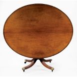 Regency-Style Inlaid Mahogany Breakfast Table, oval tilt top, reeded standard and sabre legs,