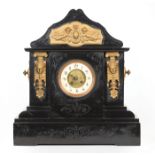 French Bronze-Mounted Marble Mantel Clock, c. 1900, striking gong movement, dial flanked by female
