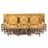 Twelve Continental Walnut Side Chairs, 19th c., rectangular tall backs and chamfered blocked legs
