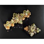 Gilt Metal and Moss Agate Irish Harp and Shamrock Bracelet and Brooch