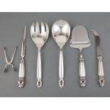 Group of Georg Jensen "Acorn" Sterling Silver Serving Pieces, incl. serving fork and spoon, l. 9