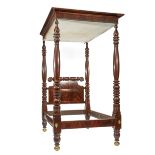 Louisiana Classical Cuban Mahogany Tester Bed, c. 1830-1845, canted cornice, ring-turned baluster