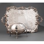 Handsome English Silverplate Tea Tray, shell and scroll border and handles, flat chased well, 29 1/2