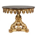 Italian Carved, Painted and Parcel Gilt Center Table, 19th c., later variegated marble top, lappet