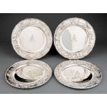 Four Kirk Sterling Silver Architectural Repousse Service Plates, marked "S KIRK & SON INC", engraved