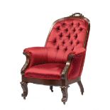 American Late Classical Carved Mahogany Library Chair, 19th c., New York, C-scroll mounted crest