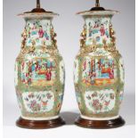 Large Pair of Chinese Famille Rose Porcelain Vases, 19th c., Buddhist lion handles, shoulders with