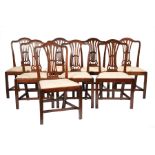 Eight Georgian-Style Carved Oak and Mahogany Side Chairs, early 20th c., shaped crest rail,