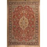 Persian Tabriz Carpet, red ground, central medallion, overall stylized foliate design, 8 ft. 11