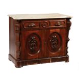 American Rococo Carved Rosewood Washstand, mid-19th c., shaped marble top, fruit-carved cabinet