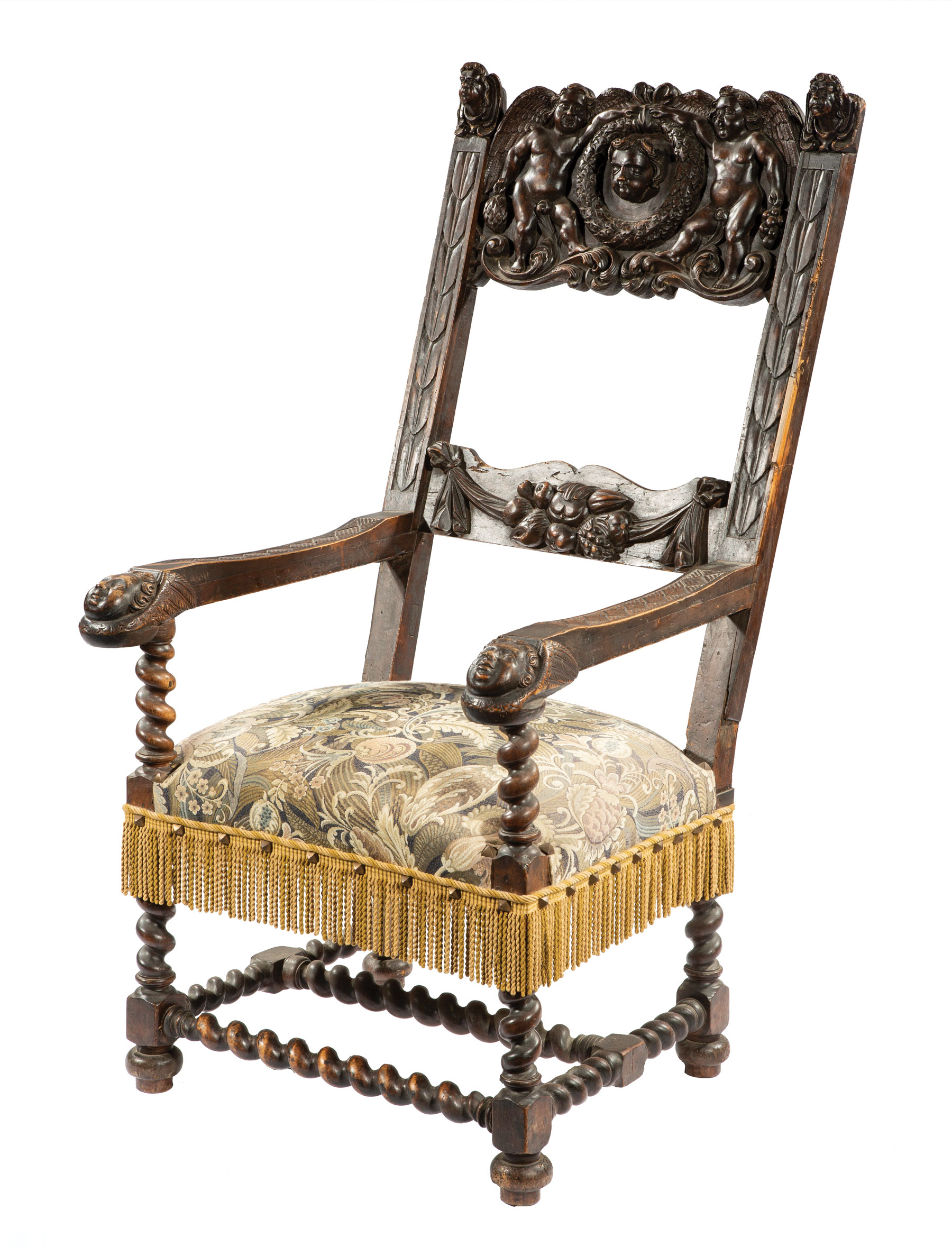 Italian Renaissance Fruitwood Armchair, 17th c., carved bust crest rail with wreath surround,