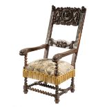 Italian Renaissance Fruitwood Armchair, 17th c., carved bust crest rail with wreath surround,