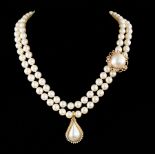 Double Strand Necklace of 7.5-8 mm. Pearls with 14 kt. Yellow Gold Clasp, together with 2 14 kt.