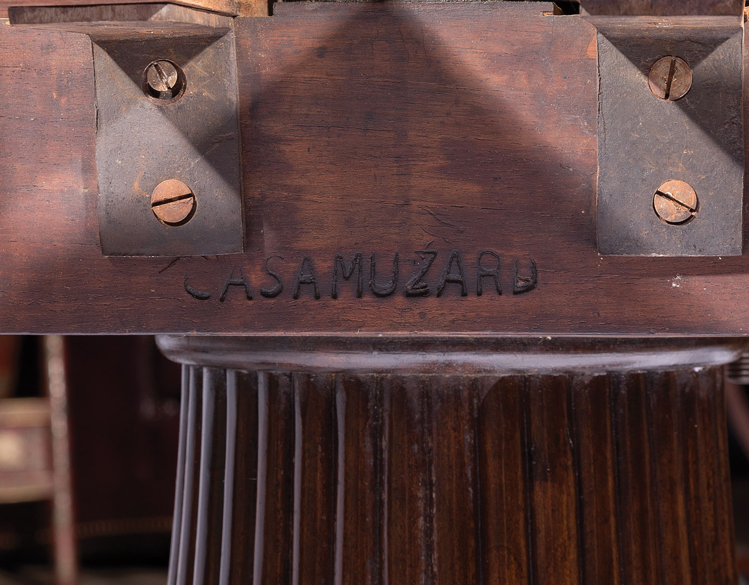 Robert Jupe-Style Exotic Woods Inlaid Mahogany Extension Dining Table, early 20th c., stamped " - Image 4 of 6