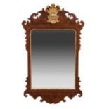 Chippendale-Style Parcel Gilt Burl Walnut Mirror, Colonial Williamsburg Reproduction, plume crest,