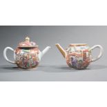 Two Chinese Export Mandarin Palette Porcelain Teapots, 18th c., Qianlong, decorated with figural