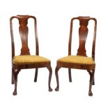 Pair of Queen Anne Walnut Side Chairs, 18th c., shaped crest rail, vasiform splat, cabriole legs,