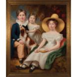 British School, 19th c ., "Portrait of Three Children with Dog", oil on canvas, unsigned, 46 1/4 in.