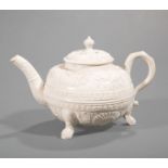 Staffordshire Salt Glazed Pottery Teapot, 18th/19th c., with raised floral and shell decoration,