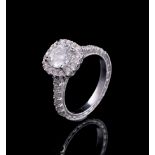 18 kt. White Gold and Diamond Ring, central prong set round brilliant cut diamond, 1.04 cts., D