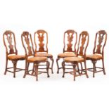 Six Antique Continental Carved Walnut Side Chairs, foliate crest, pierced shaped splat, floral-