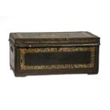 Chinese Export Polychrome Painted, Leather Clad Camphorwood Trunk, early 19th c., brass nailhead