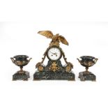 French Gilt Bronze-Mounted Verde Antico Marble Three-Piece Clock Garniture, late 19th c., dial