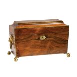 Regency Brass-Inlaid Rosewood Tea Caddy, c. 1810, lion mask handles, fitted interior with two lidded